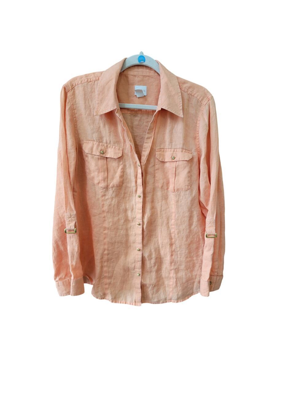 Chicos Soft Orange Linen Button Down Top Size 2 US XL Roll Tab Sleeve Blouse